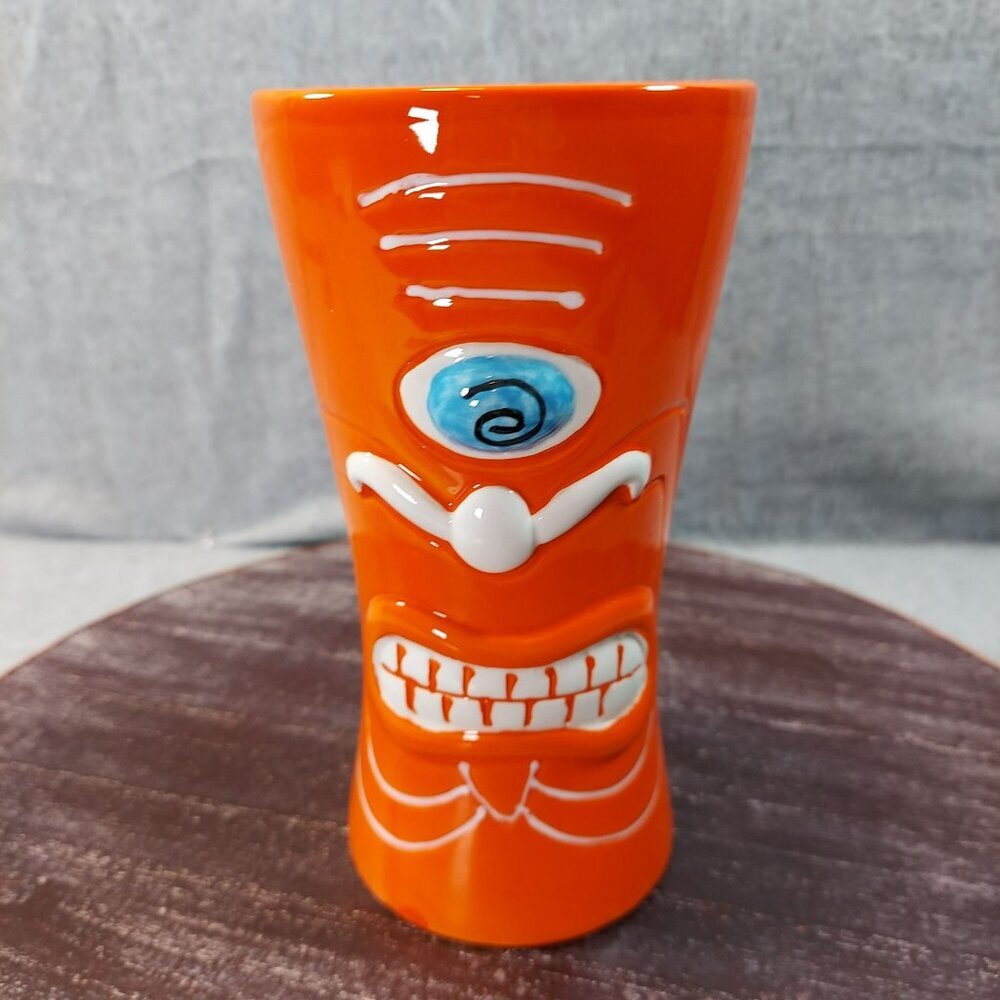 Orange Ceramic Tiki Mug With Blue Eye & White‎ Face Details 16 Oz Carnival
